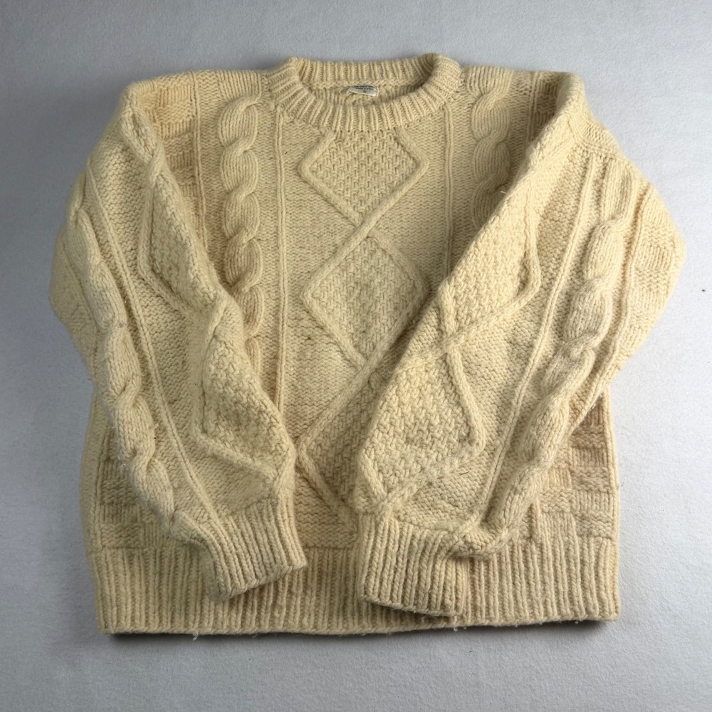 Vintage Hand Knit 100% Wool Fisherman Sweater Cream Cable Knit Peru Mens Small